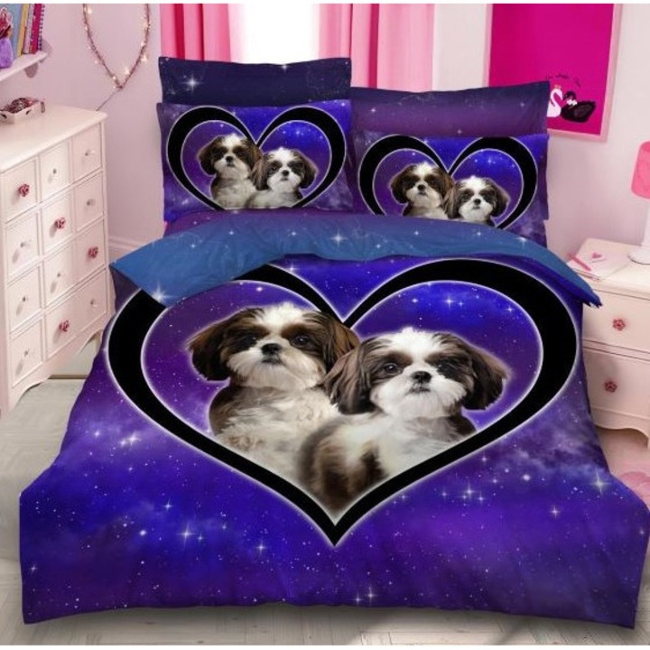Двойно спално бельо за 2 момичета, Pucioasa, 3D принт Кученца, 6 части, 2 души, 240x250 см, фин сатен, индиго