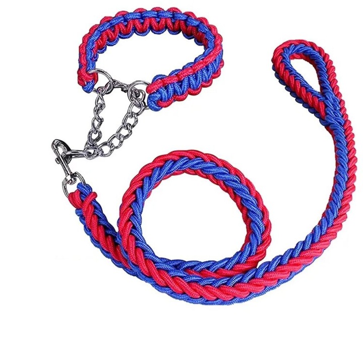 Lesa pentru caini de talie mijlocie LUXEMATE, Franghie din Nylon groasa si impletita, Culoare Rosu cu Albastru, marimea M