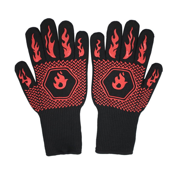 Manusi termorezistente sunt potrivite pentru gratare, cuptoare cu microunde si cuptoare, antialunecare, 2 bucati, rosu, Chimi, negru