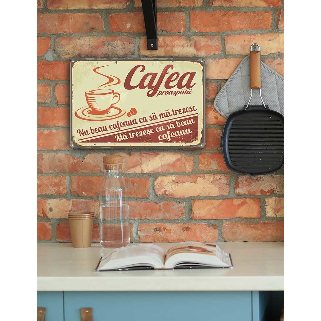 Placa Metal Decor, Ma Trezesc Ca Sa Beau Cafeaua, 30x20cm - EMAG.ro