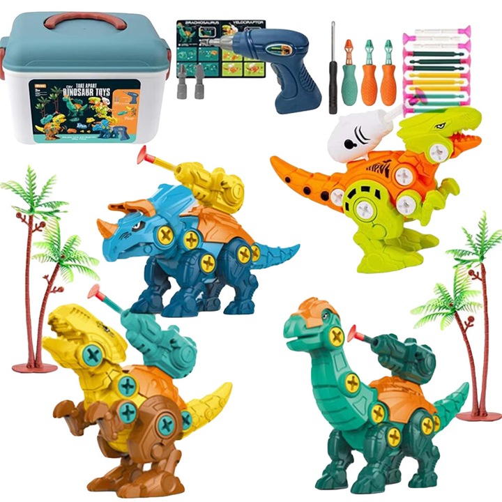 MorFansi Interaktív gyerek játék, dinoszaurusz összeszerelő készlet tárolódobozzal, elektromos fúróval, STEM oktatójátékkal, 3-8 éves korig