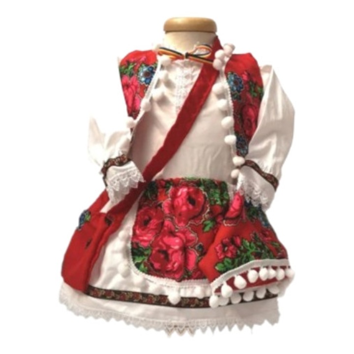 Costum tradional fete, 5 piese, camasa, fota, gentuta, vesta, batic, 8-9 ani