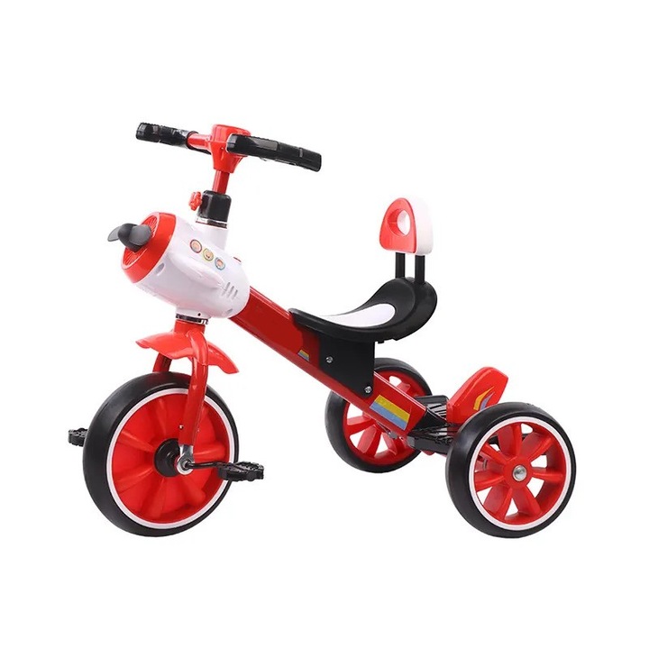 Tricicleta cu pedale NOVOKIDS™ Plane Trike, Cu melodii si lumini, Max 30 kg, Roti din spuma cauciucata EVA, Cadru metalic, Model avion, Rosu