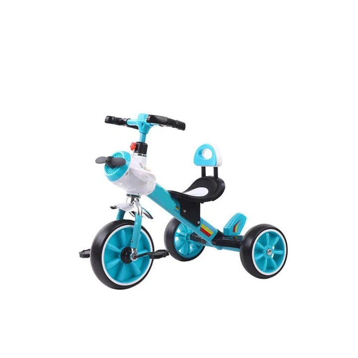 Tricicleta cu pedale NOVOKIDS™ Plane Trike, Cu melodii si lumini, Max 30 kg, Roti din spuma cauciucata EVA, Cadru metalic, Model avion, Turquoise