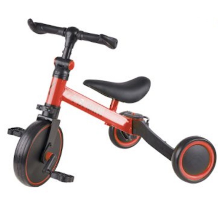 Детска триколка с множество функции, педали и помощни колела, червено и черно, дунапренени колела, за деца от 2 до 4 години