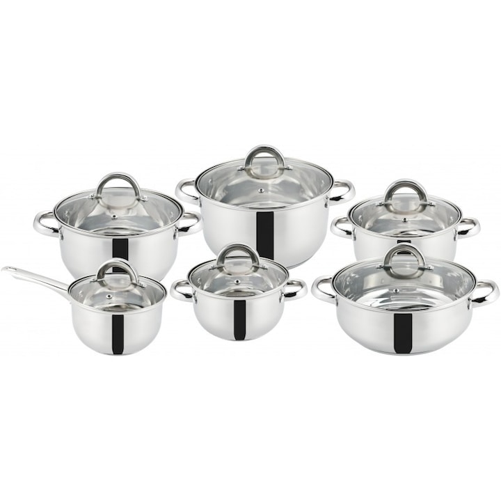 Set 12 piese, 6 vase din inox, 5.8L, 3.6L,3.2L,1.6L,2.4L,1.6L compatibile cu plita cu inductie, cu capace din sticla, fund triplu, Grunberg GR2451