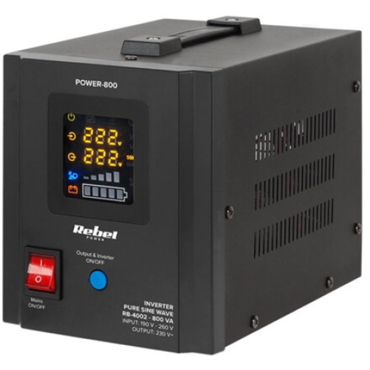 SINUS PUR 800VA 500W 12V REBEL Tensiune intrare 190 - 260 V AC, Frecventa iesire 50/60 Hz +/-0,5 Hz