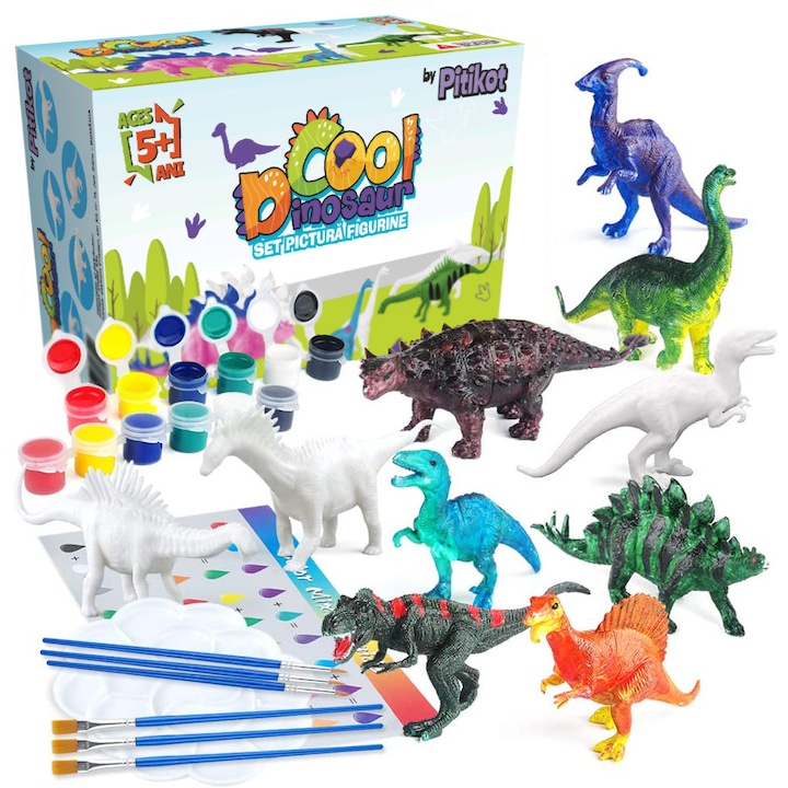 Set pictura cu 10 dinozauri de colorat, cu 12 culori, 6 pensule, tavita si instructiuni, pentru fete sau baieti, copii de la 3 ani, multicolor - Pitikot®