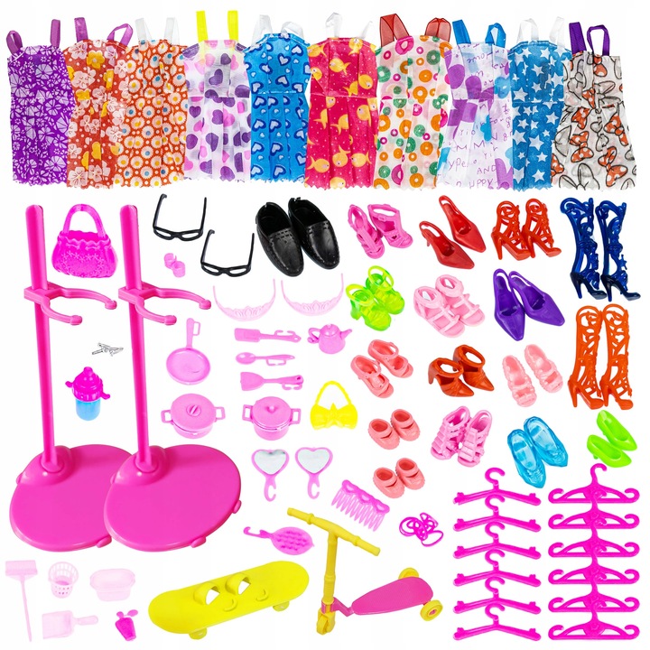 65x baba kiegészítők készlete, piros/állvány/cipő/edények, műanyag, többszínű, 4+