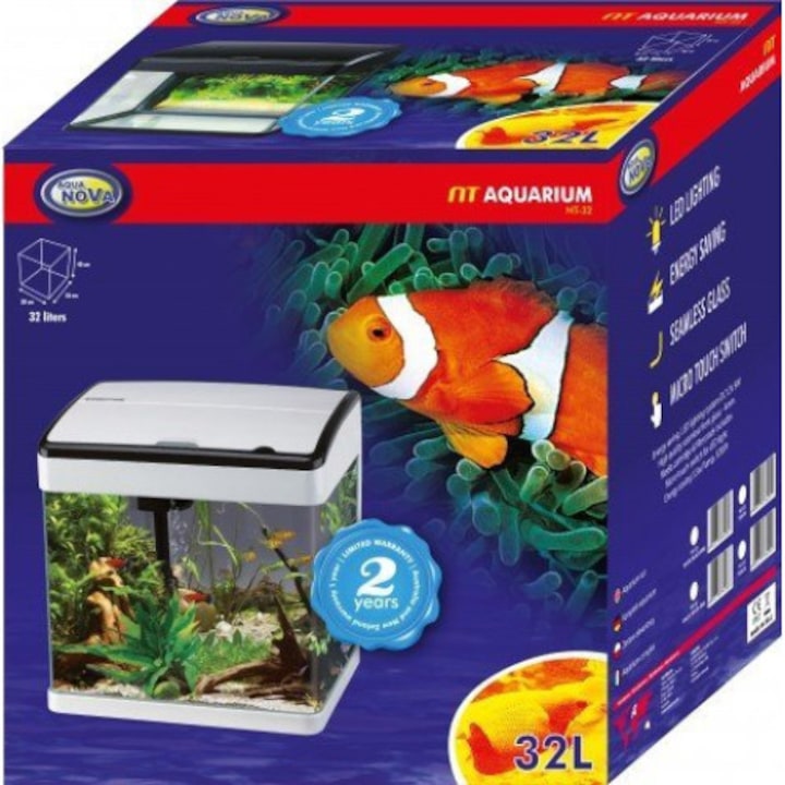 Комплект за аквариум, Aqua Nova, 32л, филтър, LED, бял