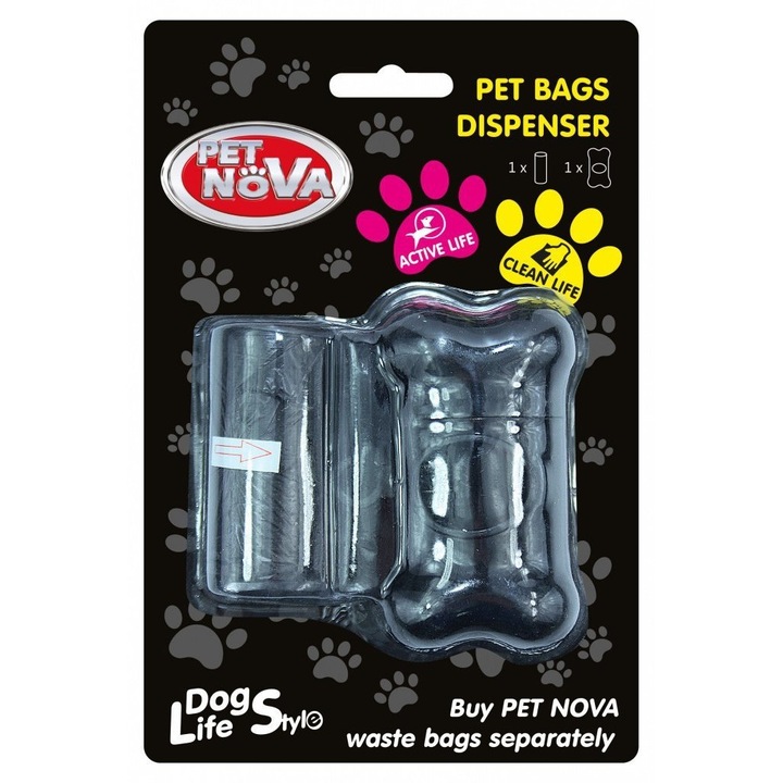 Dispenser pentru saci de gunoi Pet Nova, 20 bucati, negru