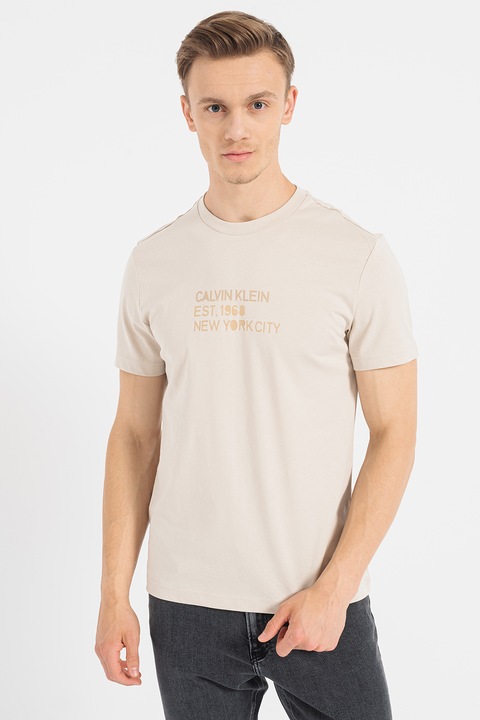 CALVIN KLEIN, Тениска с органичен памук с лого, Светло бежово, 2XL