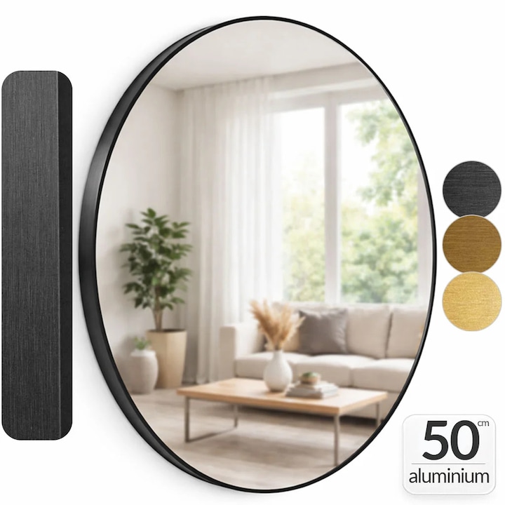 Oglinda baie rotunda 50cm, cu rama Neagra, oglinda de perete, decorativa, pentru hol, sufragerie, living baie, din aluminiu, Callena