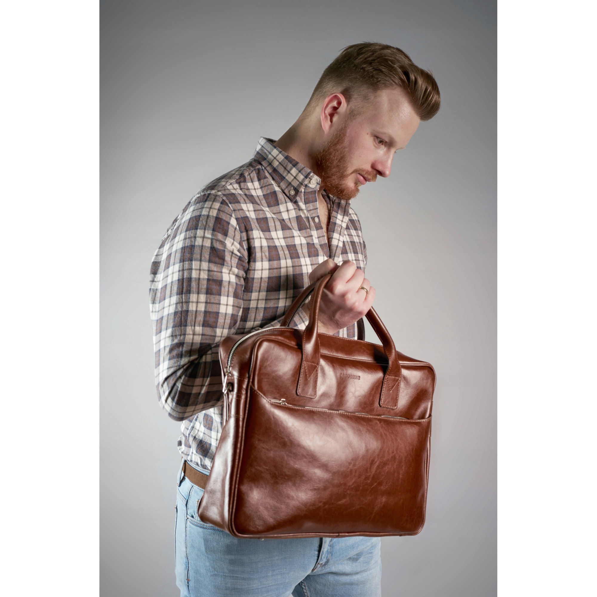 Geanta laptop, Brodrene, Piele naturala, 15,6", 29x40x9 cm, Maro