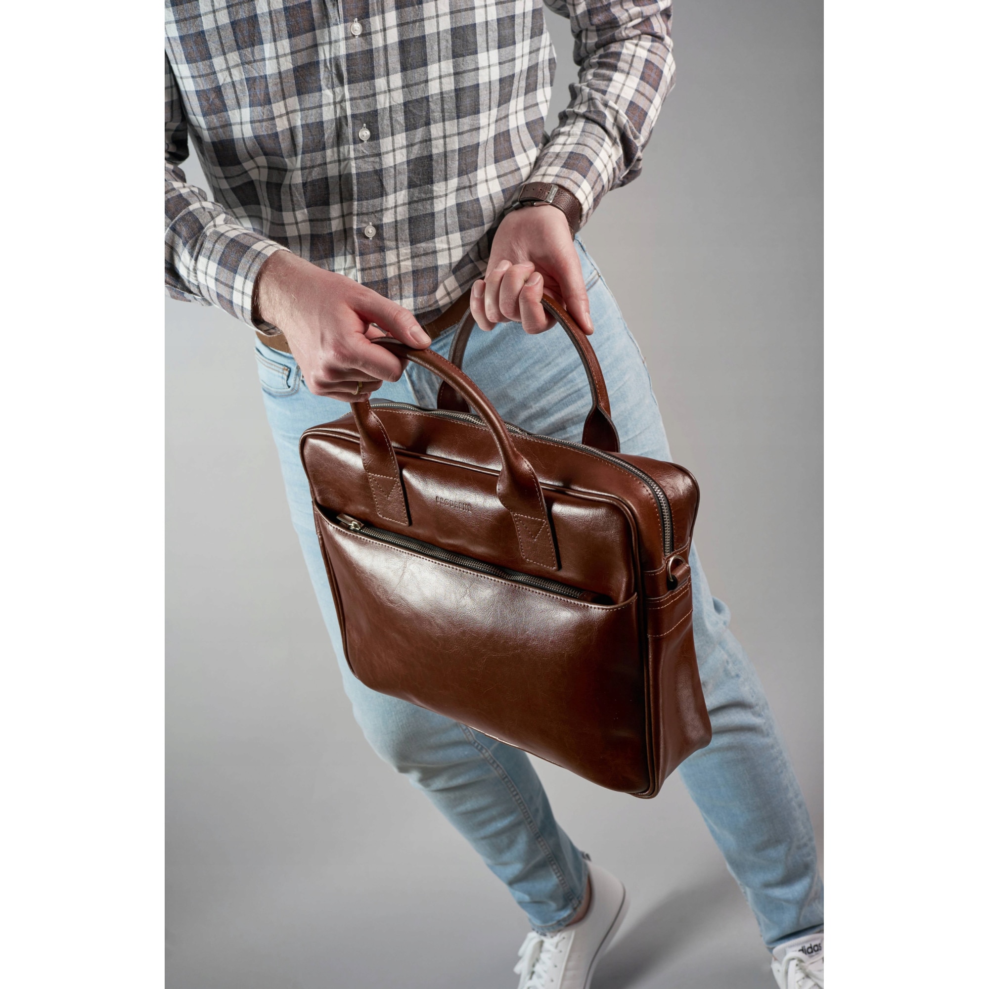 Geanta laptop, Brodrene, Piele naturala, 15,6", 29x40x9 cm, Maro