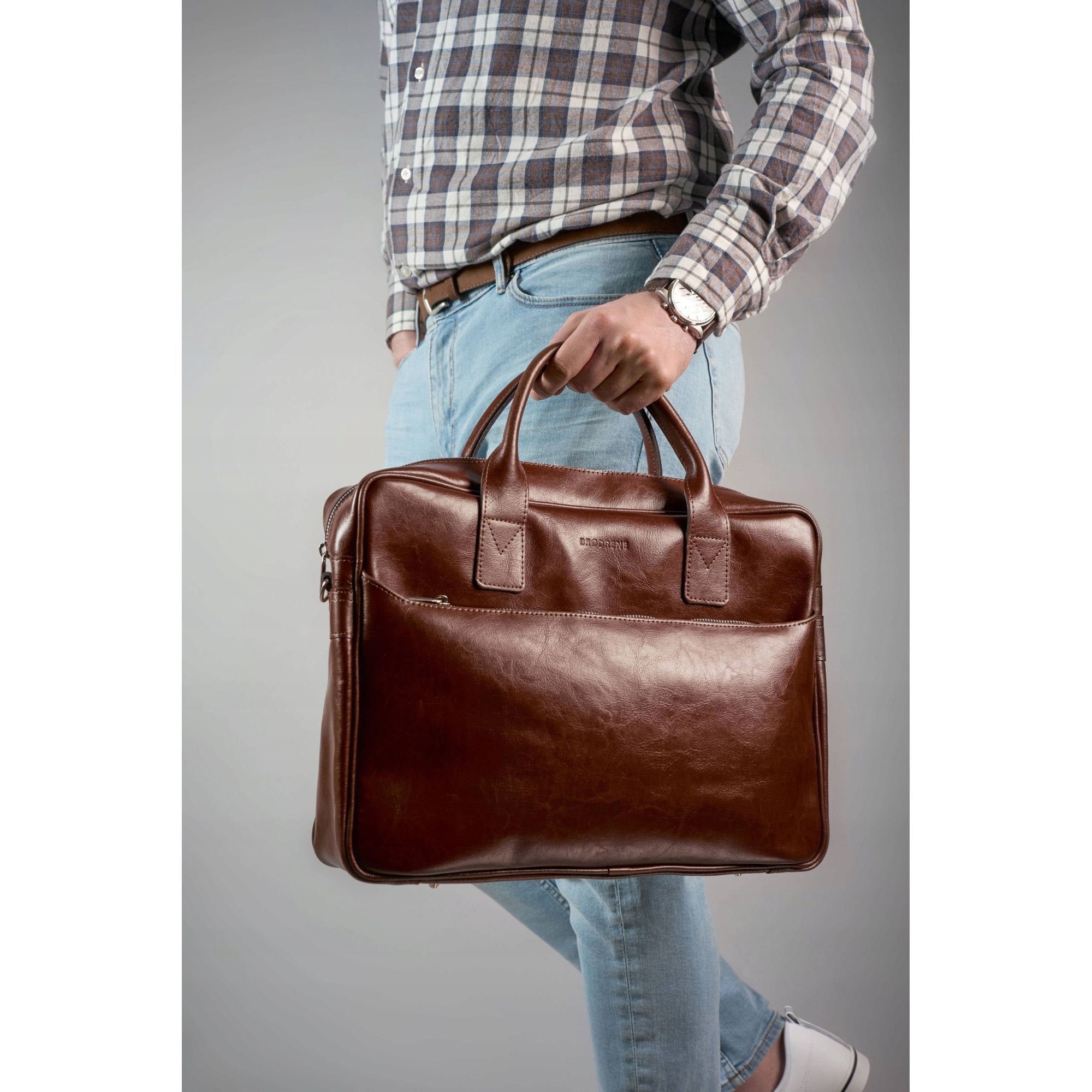 Geanta laptop, Brodrene, Piele naturala, 15,6", 29x40x9 cm, Maro