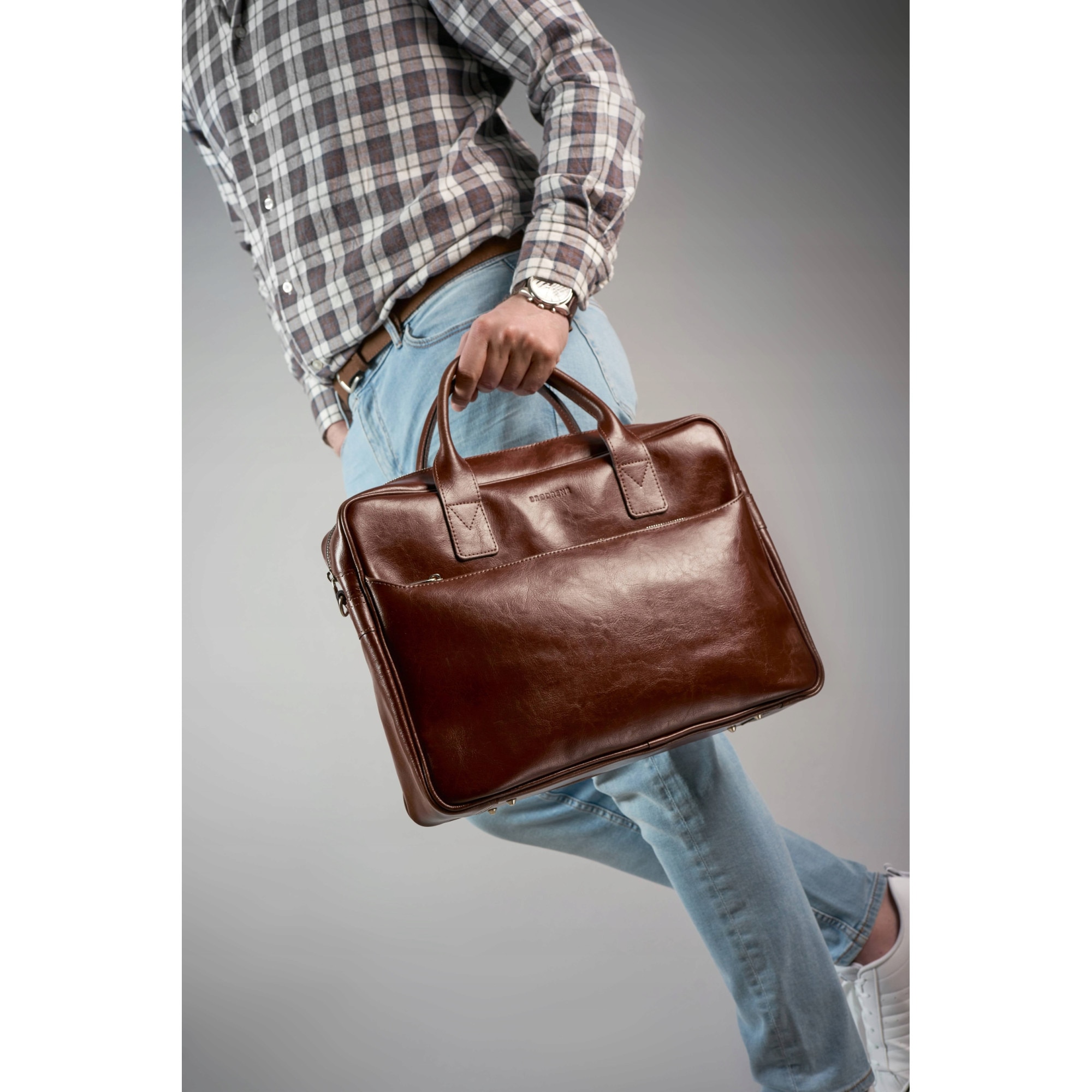 Geanta laptop, Brodrene, Piele naturala, 15,6", 29x40x9 cm, Maro