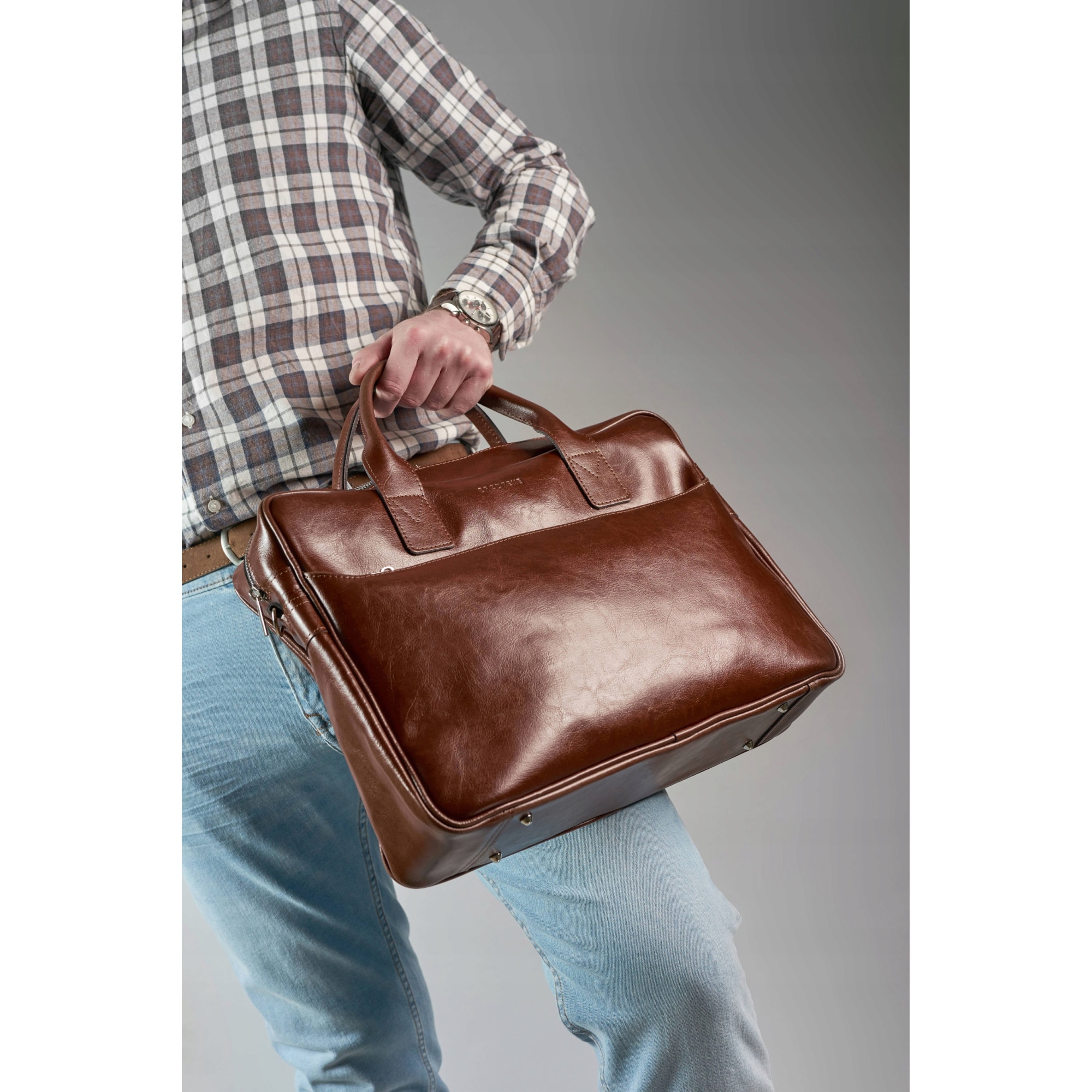 Geanta laptop, Brodrene, Piele naturala, 15,6", 29x40x9 cm, Maro