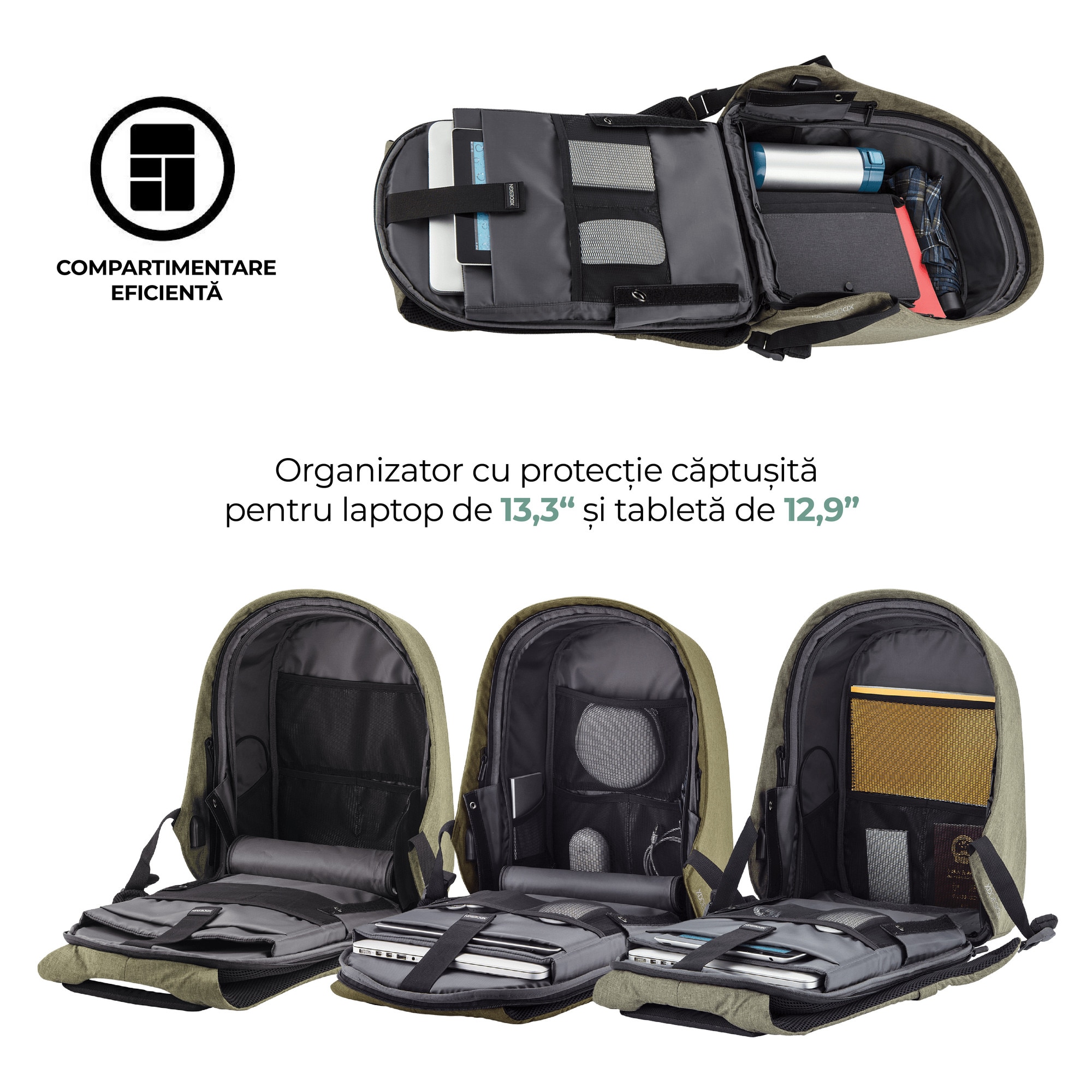 Rucsac Bobby Hero mini, XD, antifurt, compartimente laptop 13.3" si tableta 12.9", materiale sustenabile, protectie impotriva taierii, rezistent la apa, 10,5 L, kaki, bandana Empath inclusa