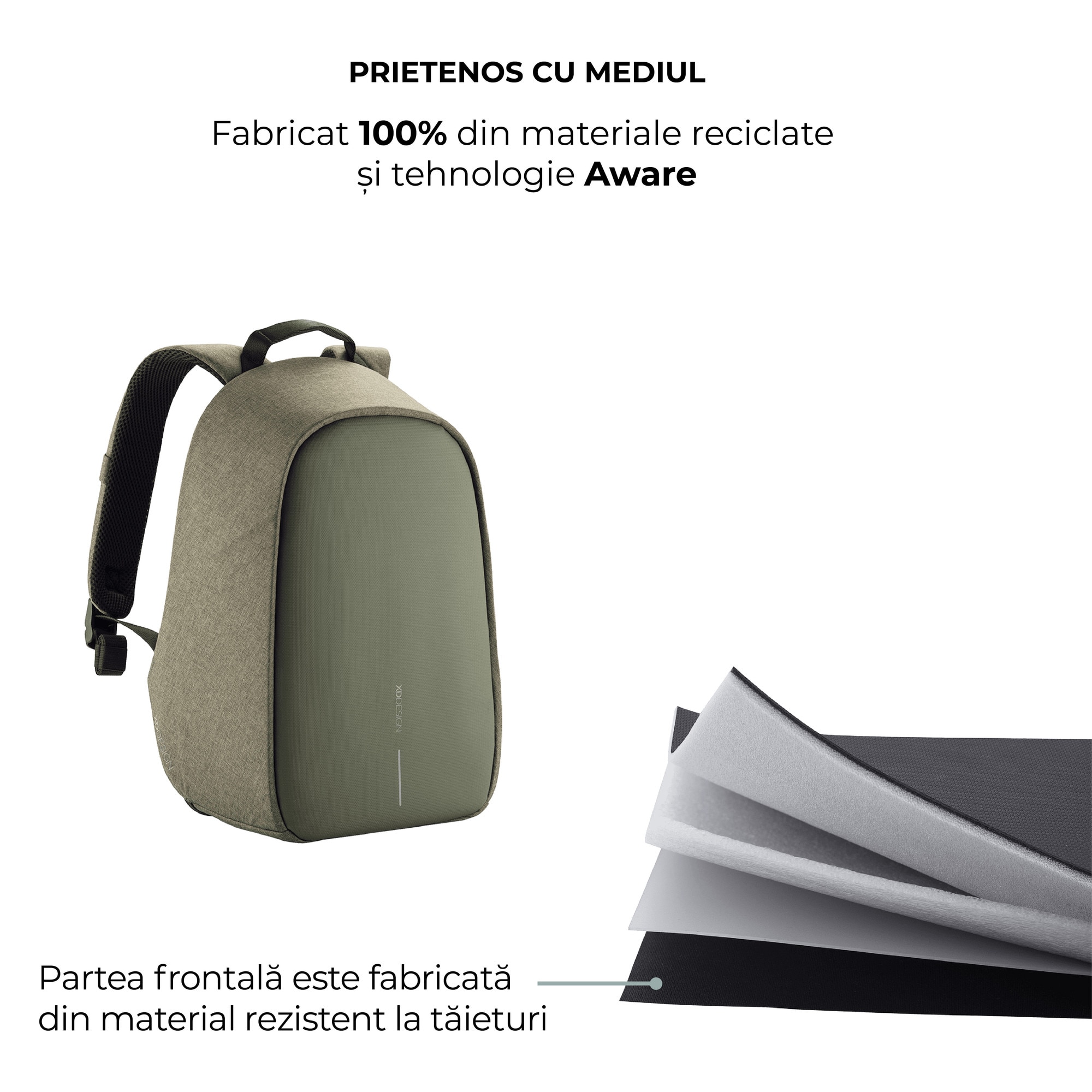 Rucsac Bobby Hero mini, XD, antifurt, compartimente laptop 13.3" si tableta 12.9", materiale sustenabile, protectie impotriva taierii, rezistent la apa, 10,5 L, kaki, bandana Empath inclusa