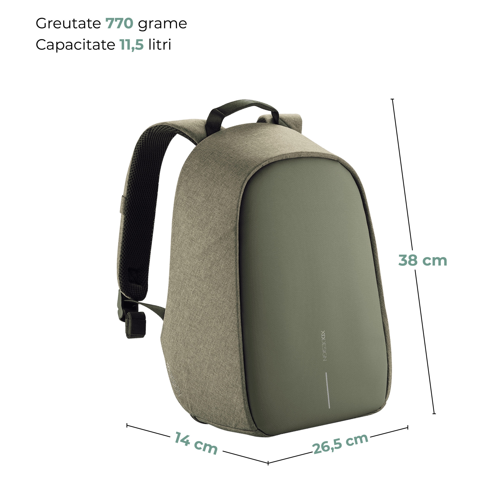 Rucsac Bobby Hero mini, XD, antifurt, compartimente laptop 13.3" si tableta 12.9", materiale sustenabile, protectie impotriva taierii, rezistent la apa, 10,5 L, kaki, bandana Empath inclusa