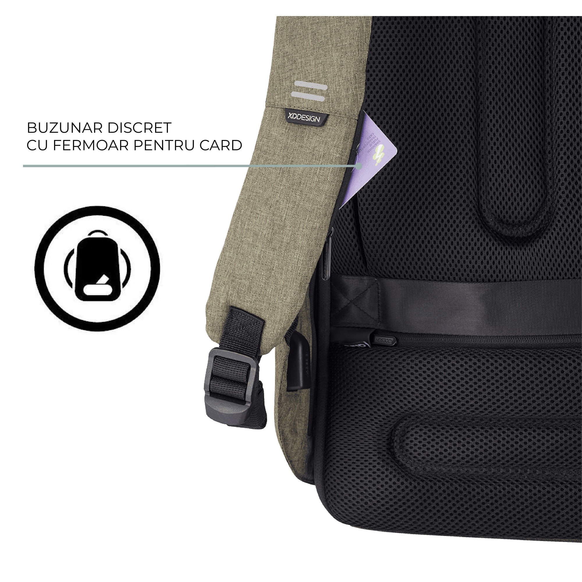 Rucsac Bobby Hero mini, XD, antifurt, compartimente laptop 13.3" si tableta 12.9", materiale sustenabile, protectie impotriva taierii, rezistent la apa, 10,5 L, kaki, bandana Empath inclusa