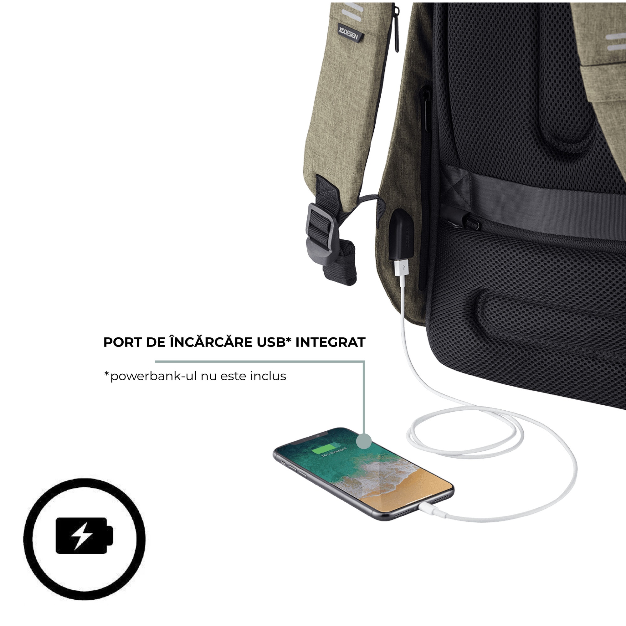 Rucsac Bobby Hero mini, XD, antifurt, compartimente laptop 13.3" si tableta 12.9", materiale sustenabile, protectie impotriva taierii, rezistent la apa, 10,5 L, kaki, bandana Empath inclusa