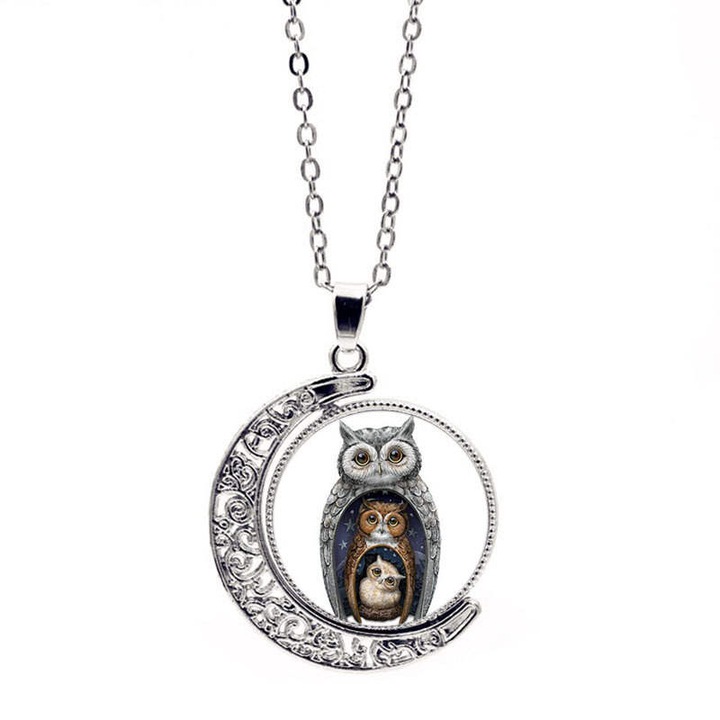 Lant, model retro, pandantiv familie bufnite norocoase, unisex, argintiu, EFAYN