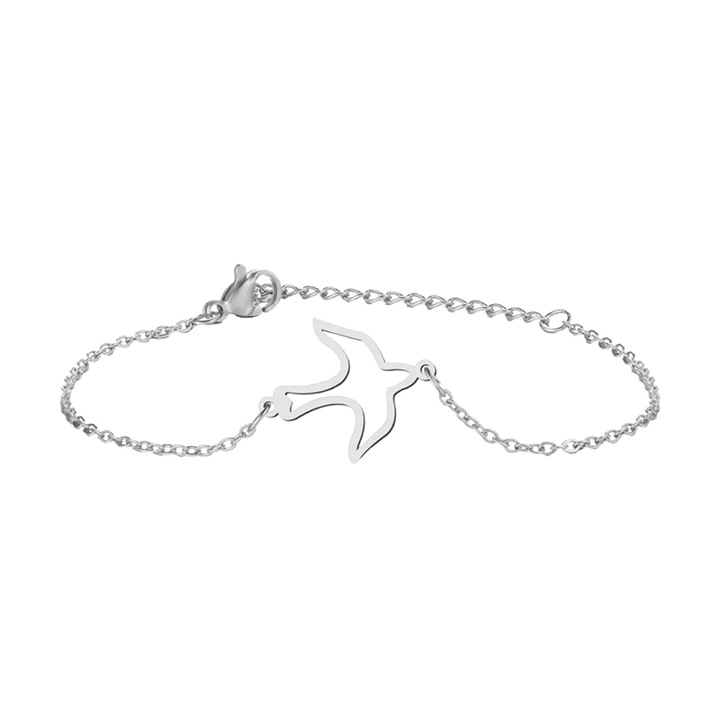 Дамска гривна, модел птица, висулка лястовица, регулируема, сребриста, EFAYN