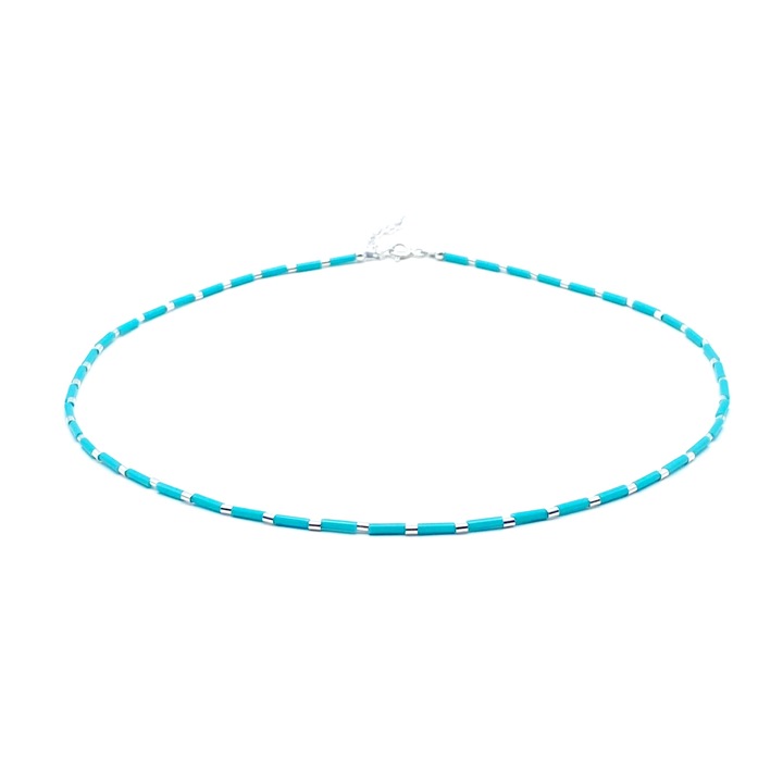 Colier cu accesorii tubulare din Argint 925 si margele turcoaz, reglabil 39-42 cm