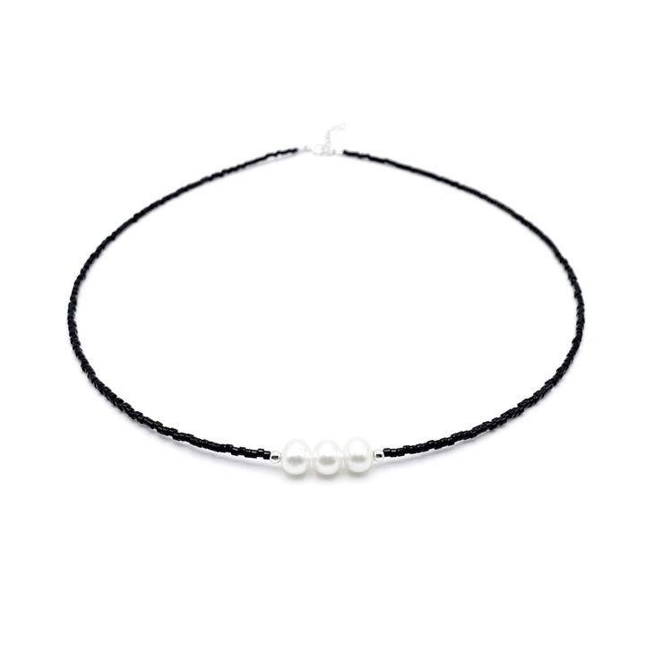 Colier cu Perle naturale si margele negre Miyuki, reglabil 39-42 cm