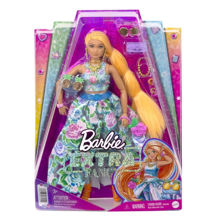 Szőke baba virágmintás ruhával és Barbie Extra Fancy cicával