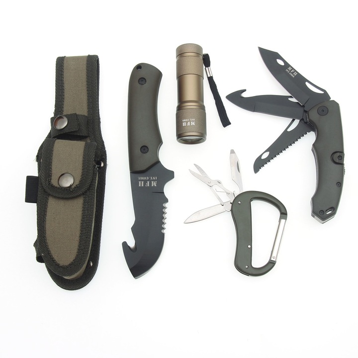 Set Cutit lama 10.2cm, Briceag lama 8.3cm, Lanterna, Accesorii Outdoor OD Green MFH 45451B