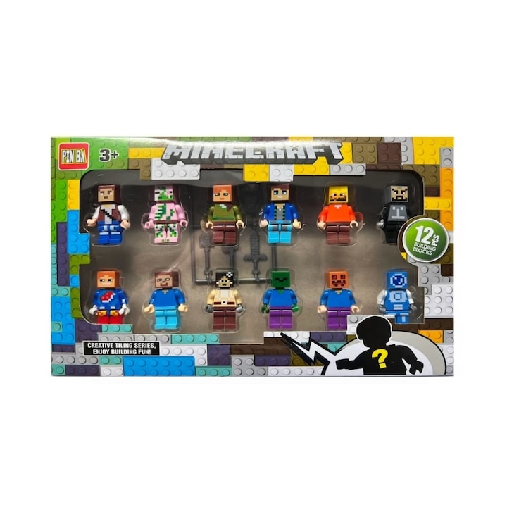 12 db-os figura készlet, Minecraft típusú, többszínű, 5 cm