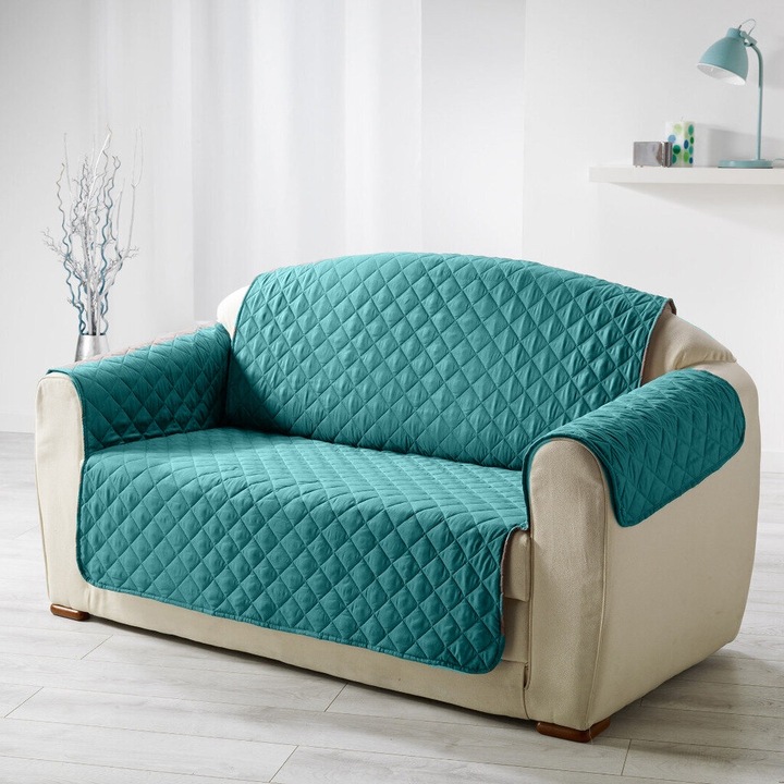 Husa canapea 2 locuri tip cuvertura matlasata 130x205 cm cu laterale, reversibila, Turcoaz