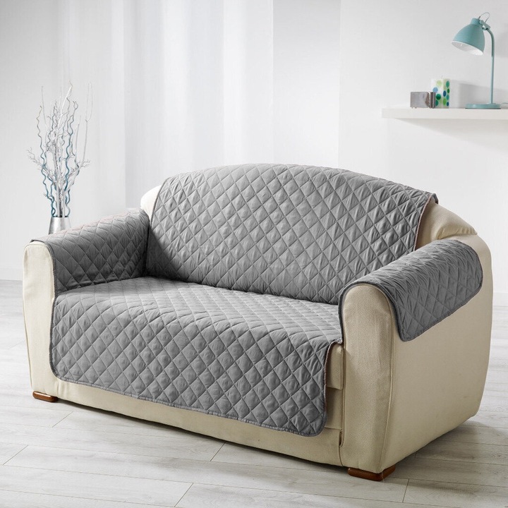 Husa canapea 2 locuri tip cuvertura matlasata 130x205 cm cu laterale, reversibila, Gri Deschis