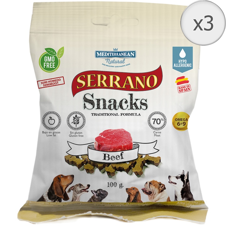Mediterrán Serrano Snack Csemege kutyáknak, marha, 3 x 100 g