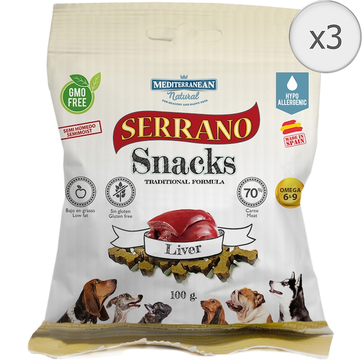 Mediterrán Serrano Snack Kutyacsemege, Máj, 3 x 100 g