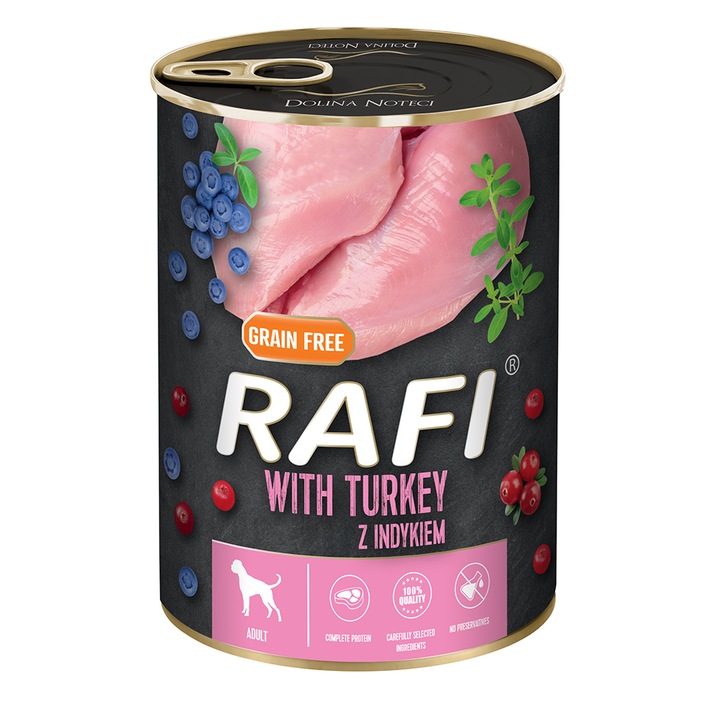 Мокра храна за кучета Rafi, Пуешко, боровинки и червени боровинки, Adult, 6 x 400 гр