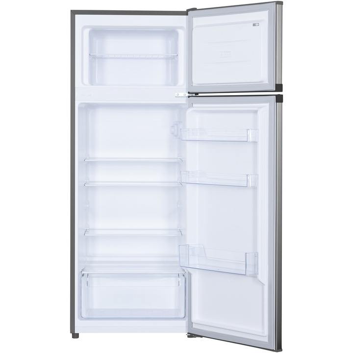 Frigider cu doua usi Heinner HF-H2206XE++, 206 l, Clasa E, lumina LED, 3 rafturi de sticla, H 143 cm, Inox