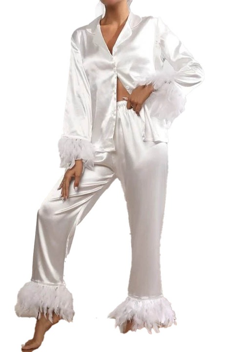 Elegáns szett Női szatén pizsama, pehellyel és tollal kiegészítve, fehér, Fehér