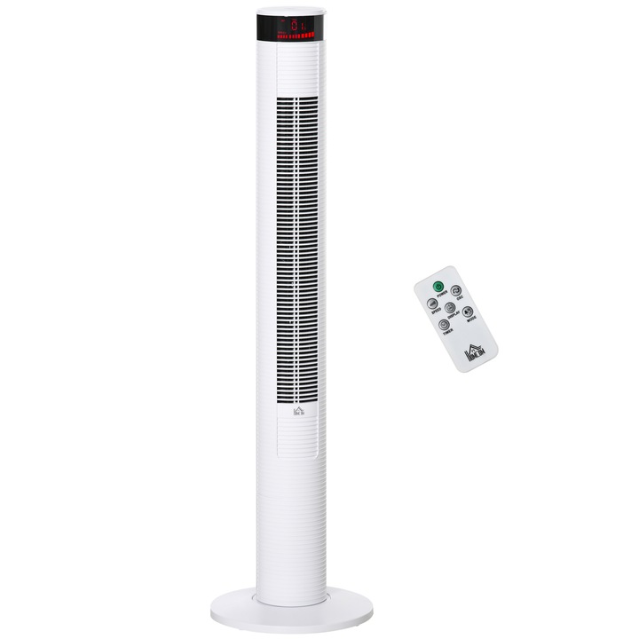 Ventilator turn, Homcom, cu 3 viteze si 4 moduri, 45 W, temporizator 12 ore, oscilatie de 70°, panou LED si telecomanda, alb