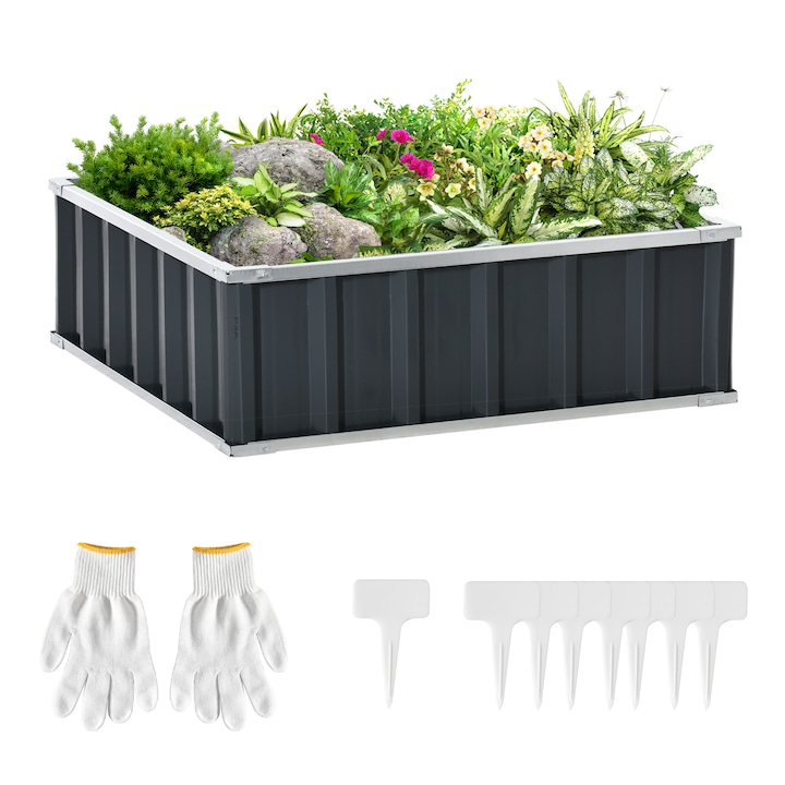 Pat de gradina inaltat, Outsunny, din otel, asamblare fara scule, suport pentru plante, legume, ierburi si flori, 90x90x30cm