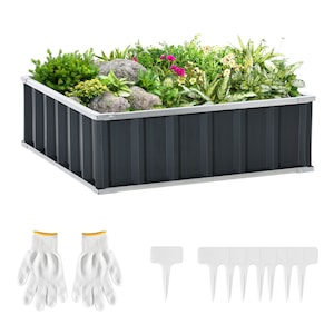 Pat de gradina inaltat, Outsunny, din otel, asamblare fara scule, suport pentru plante, legume, ierburi si flori, 90x90x30cm