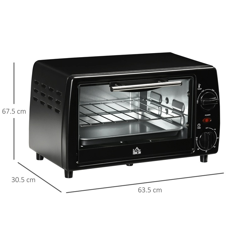 Cuptor electric, Homcom, 10L, temperatura si temporizator reglabil, razatoare si capac incluse, 750W, 36,5x26x22cm, negru