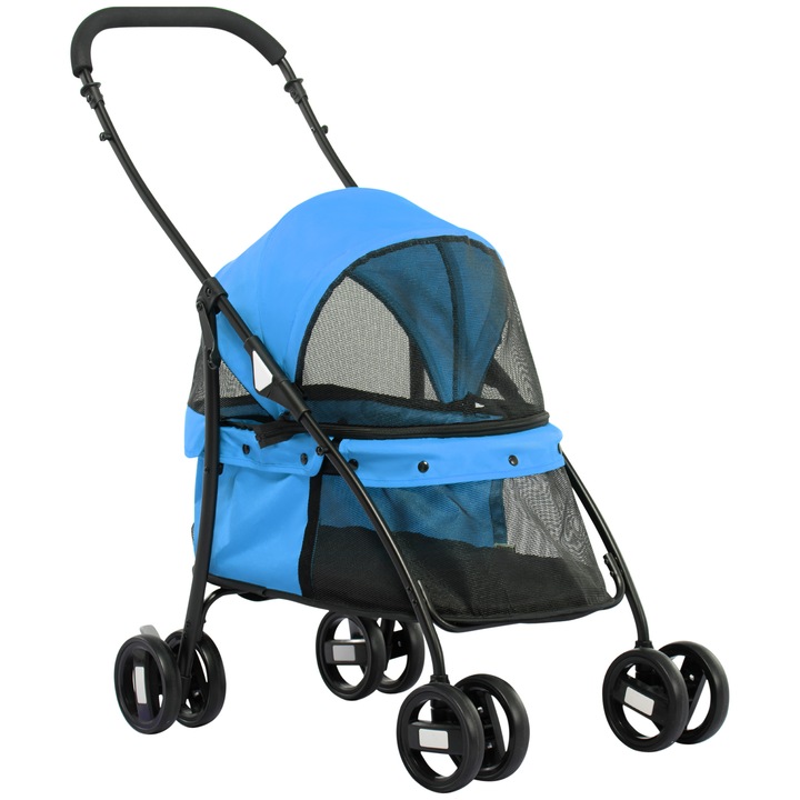 Carucior pentru caini, PawHut, baldachin reglabil, roti pivotante, 82x47x97cm, albastru