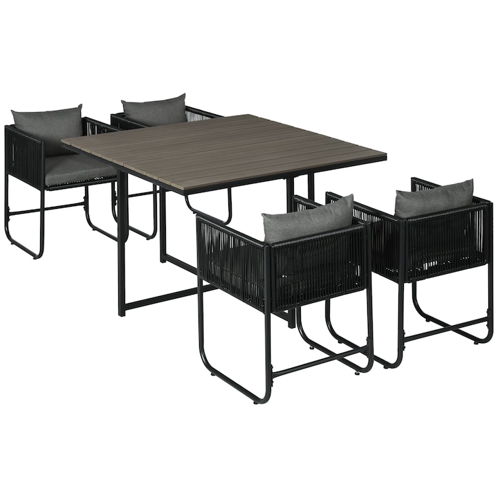 Set masa/4 scaune gradina, Outsunny, ratan/otel, perne incluse, negru/gri