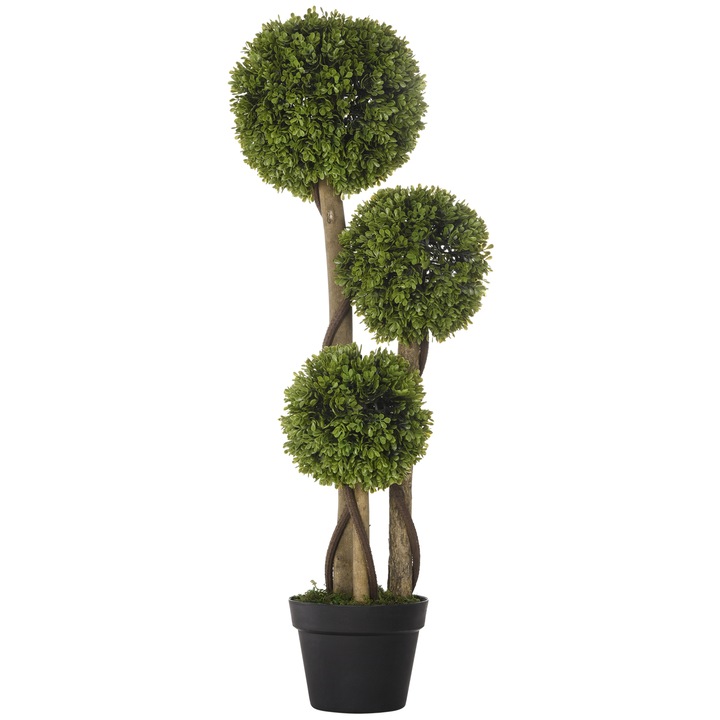 Planta artificiala cu 3 sfere, Homcom, Ghiveci inclus, 90 cm, Negru/Verde