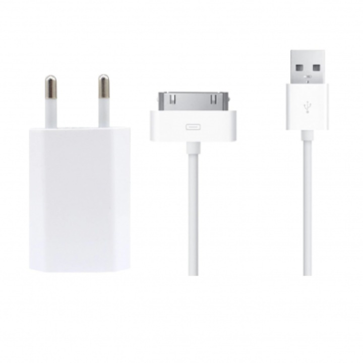 Мрежово зарядно устройство, съвместимо с Apple iPhone 3, 4, 4S и iPad 1, iPad 2, iPad 3, 30 пина, 1 м, бяло