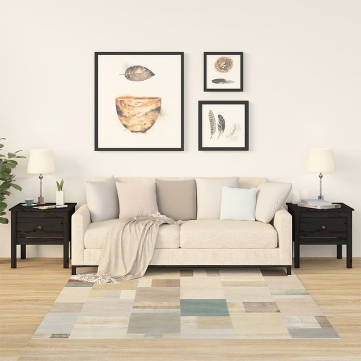 Комплект странични масички vidaXL, 2 бр, Черен, 50x50x49 см, Борово дърво масив, 13.9 Kg